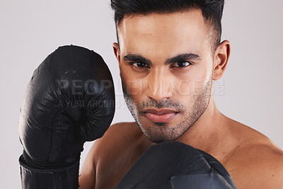 Buy stock photo Fitness boxing, man training workout and portrait of exercise gear glove on fists ready to fight. Young muay thai athlete, strong muscle power motivation and mma sports boxer face in gym with gloves