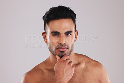 Buy stock photo Beauty, man skincare and skin wellness of a model from Spain with a serious face. Portrait of a young person ready for healthy, cosmetic and dermatology body care or facial treatment feeling calm