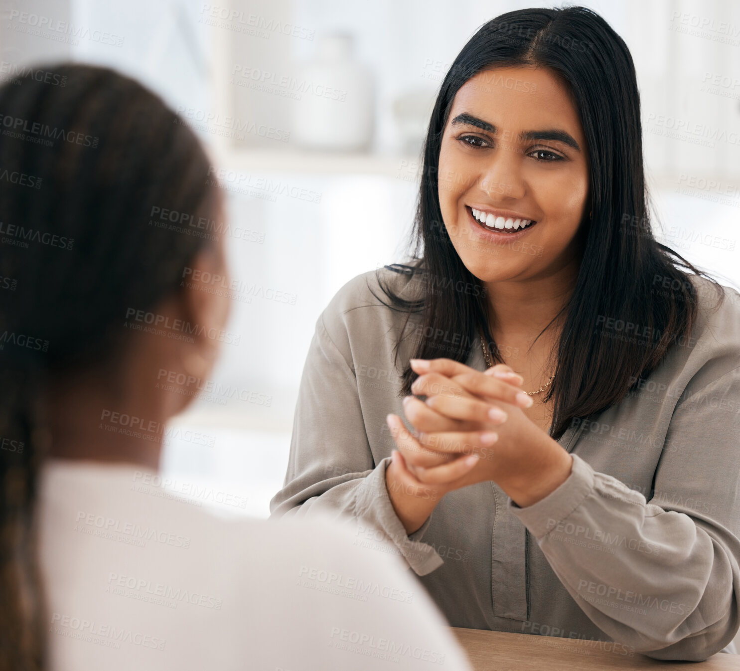 Buy stock photo Meeting, human resources and interview with a business woman talking to an employee during the recruitment process. Hiring, strategy and planning with a female worker and coworker in discussion