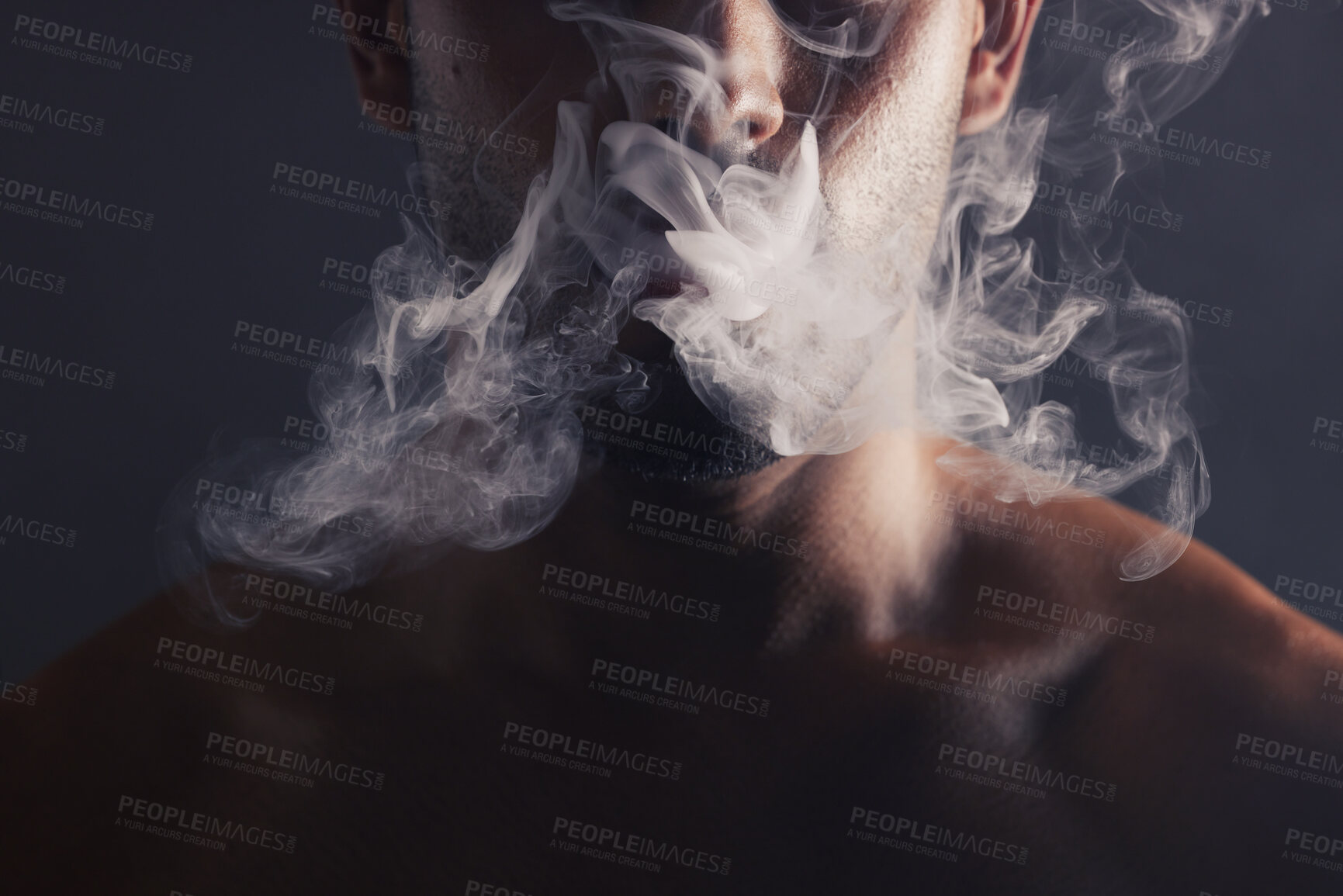 Buy stock photo Smoke, cloud and face of man with pollution for marijuana smoker health campaign with zoom. Cannabis, weed and cbd addiction model for smoking habit lifestyle advertising in black studio. 


