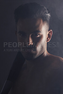 Buy stock photo Fitness, baseball bat and portrait of man in studio background in dark creative art shoot in India. Beauty, danger and professional male model, topless Indian man and serious face on black background