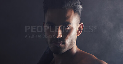 Buy stock photo Fitness, portrait and man in dark studio with smoke for competition, game or gym challenge training with mock up for marketing, advertising or promotion. Face, sports and power of sexy model headshot