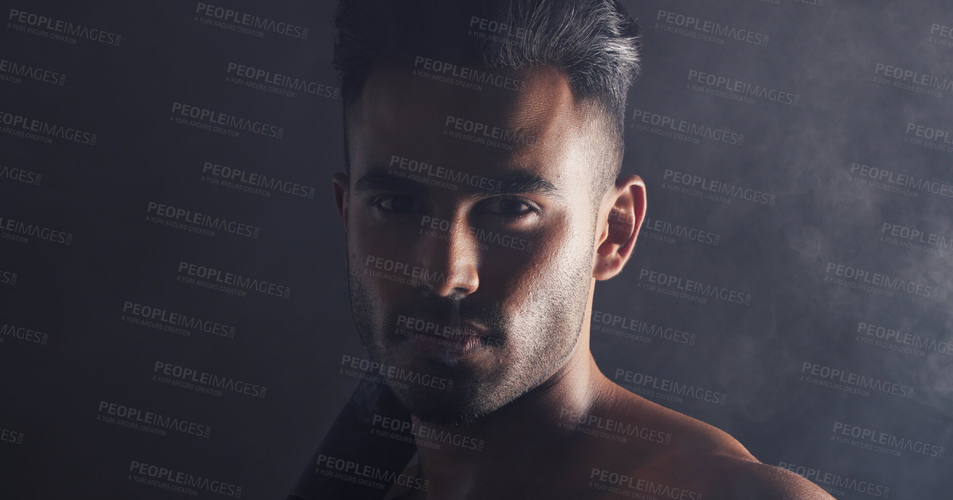 Buy stock photo Fitness, portrait and man in dark studio with smoke for competition, game or gym challenge training with mock up for marketing, advertising or promotion. Face, sports and power of sexy model headshot