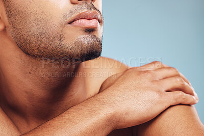 Buy stock photo Man, jaw and skincare, face grooming and beard for beauty, aesthetic wellness and healthy skin on studio blue background. Closeup of handsome guy model, facial hair and dermatology body cosmetics 