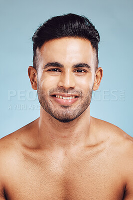 Buy stock photo Happy, face and man model with healthy skin, skincare and beauty with a smile. Portrait of a person from Portugal with body wellness, health and satisfaction about cosmetic wellbeing and happiness