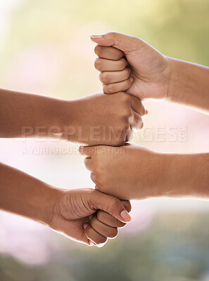 Buy stock photo Teamwork, fist bump and hands show support, motivation and partnership for a mission, goals and our vision. Handshake, trust and friends in collaboration, team building and with a growth mindset