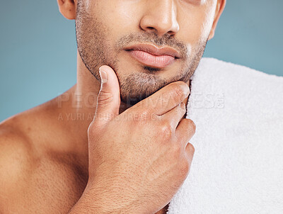 Buy stock photo Beard grooming, care and face of man satisfied with facial cleaning routine, self care treatment and beauty spa healthcare. Wellness, dermatology and healthy aesthetic model jaw with luxury skincare