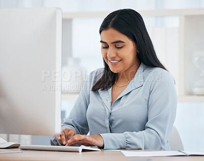 Buy stock photo Business woman, computer and office work by happy, smile and relax employee working online project. Indian, designer and internet research for design, idea and creative inspiration by excited woman