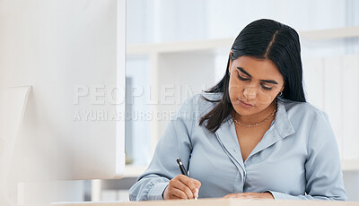Buy stock photo Woman writing planning, focus in office or small business owner in workplace for strategy. Marketing startup entrepreneur, working creative and schedule in corporate management for company vision