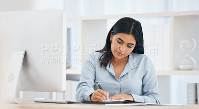 Buy stock photo Business woman writing notes, schedule and planning ideas, meeting administration and research in notebook at office desk. Employee, receptionist and strategy reminder, calendar or agenda information