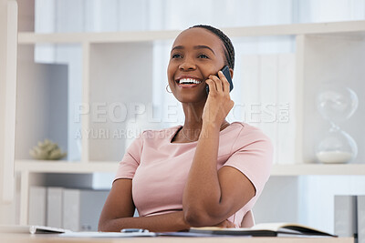 Buy stock photo Black woman, smartphone and talking business project, smile and happy for approval, speaking and in workplace. Female employee, happiness and on phone call for communication, plan schedule and chat.