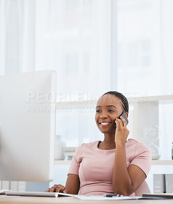 Buy stock photo Black woman, phone call and computer in business office networking, financial sales deal or b2b investment negotiation. Happy smile, talking finance worker and company communication technology survey