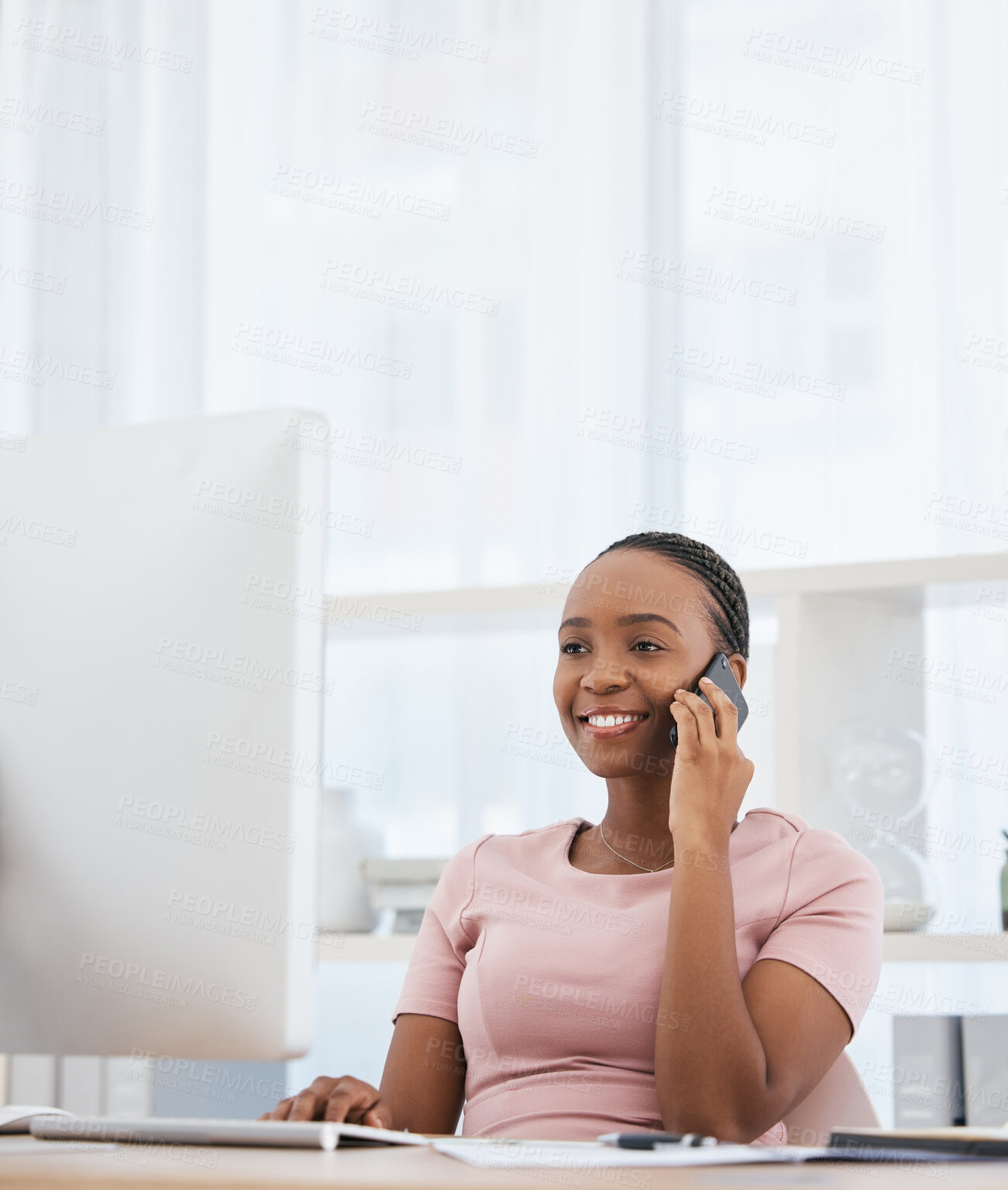 Buy stock photo Black woman, phone call and computer in business office networking, financial sales deal or b2b investment negotiation. Happy smile, talking finance worker and company communication technology survey