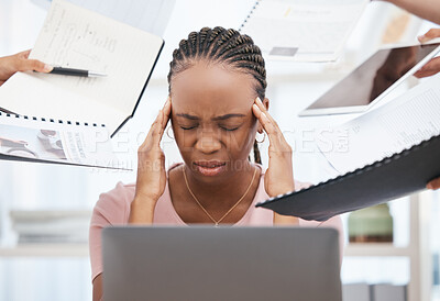Buy stock photo Stress, burnout and overworked employee with documents give her headache from chaos, confusion and corporate overload. Black woman at work, overwhelmed office employee and managing anxiety and panic 