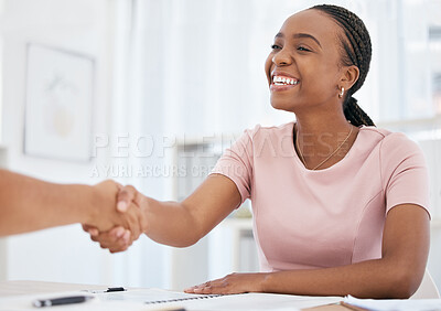Buy stock photo Business, black woman and handshake, deal and HR hiring in meeting, interview and consulting, support and teamwork success. Happy employee shaking hands, recruitment partnership and b2b company trust