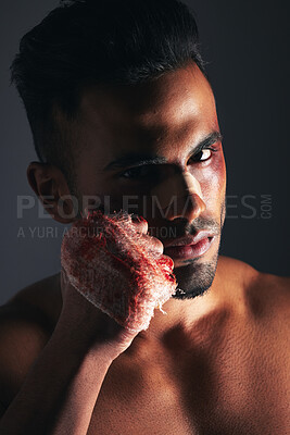 Buy stock photo Violence, man and portrait with blood fist of angry fighter with bruise, injury and wound plaster. Boxer, fitness and anger aggression of mma person with intense dark studio shadow background.