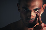 Boxer, injured and black man fighter face with a serious sport injury from a boxing fight match. Portrait of facial wound and black eye from a sports accident of a professional athlete from conflict