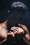 Boxer man, fight and blood of a boxing fighter with cigarette after training accident and a injury. Smoking fitness, workout exercise and wellness athlete smoke with a hand bandage from sport