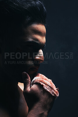 Buy stock photo Boxing, blood and fight man in dark studio mock up for workout, fitness and training risk, danger and first aid sports marketing. Boxer, sports or power person with fist and nose injury for violence