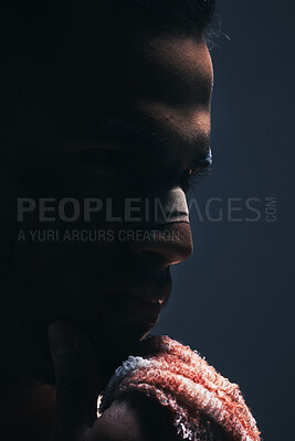 Buy stock photo Dark, man and face of warrior thinking or ready for war, battle or ring match against a mockup background. Closeup of male fitness boxer with bloody hand in thought for sports fight or game plan