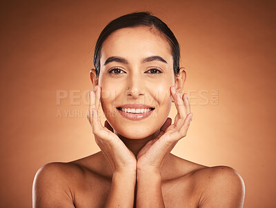 Buy stock photo Portrait, skincare and woman in studio for beauty, facial and grooming against orange background mockup. Face, skin and girl wellness model smile, relax and happy with cosmetic product results