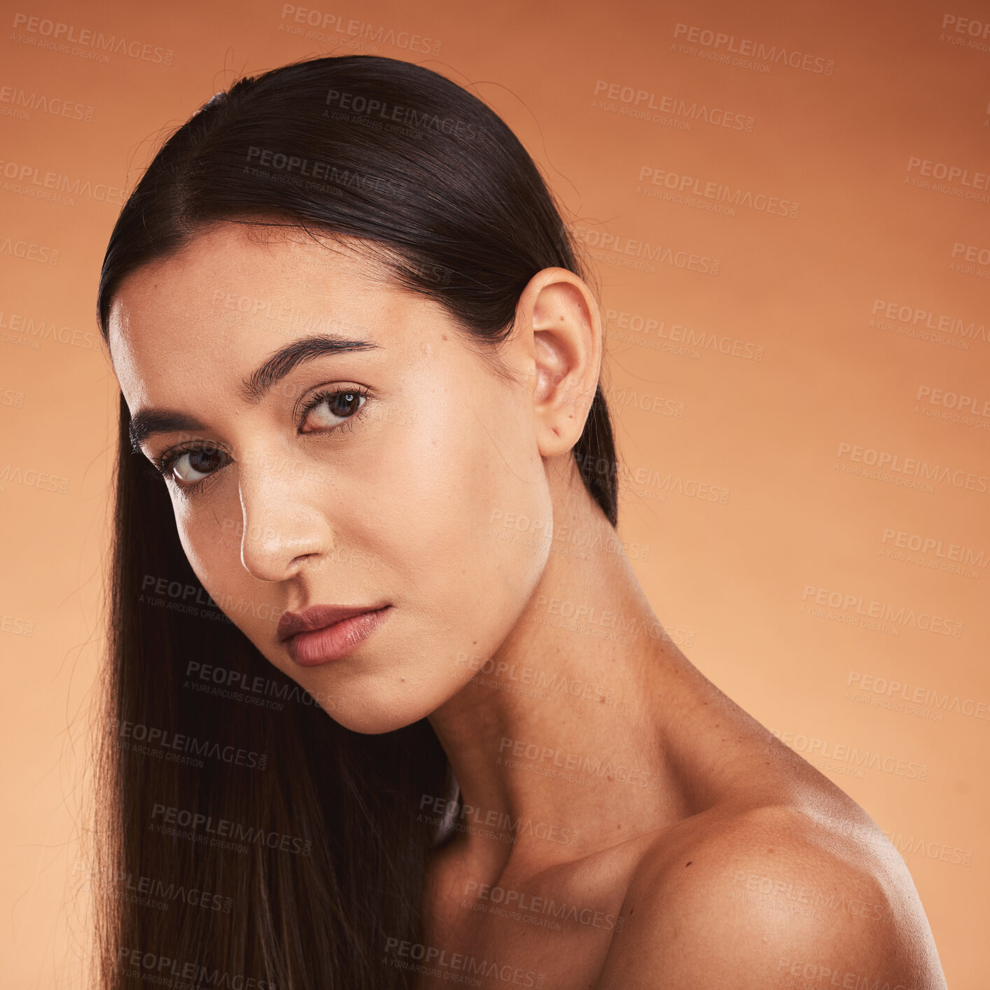 Buy stock photo Face portrait, hair care and skincare of woman on brown studio background. Makeup cosmetics, hair style or female from Canada with long, healthy hair or glowing skin after luxury spa beauty treatment