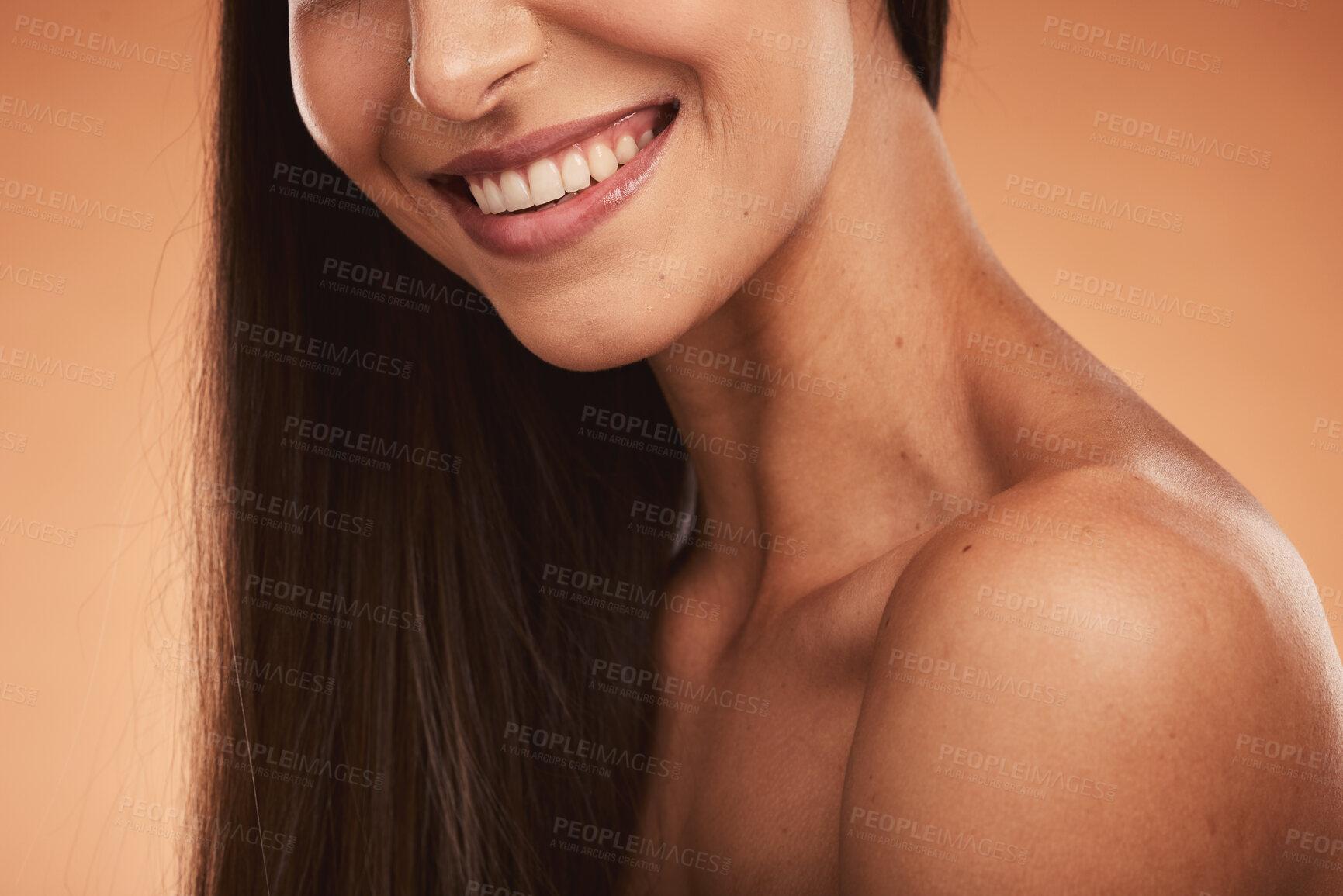 Buy stock photo Skincare, hair and smile, portrait of woman in studio, luxury care for healthy teeth and glowing skin, cropped. Health, wellness and beauty, happy model girl with beautiful face on brown background.