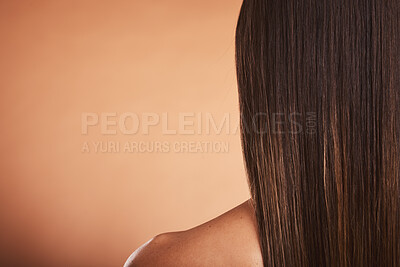 Buy stock photo Hair care, natural beauty and balayage of a woman hairstyle with mock up. Back view of a wellness, model and female person with a healthy, straightened and treatment of long haircut style with mockup