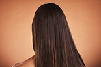 Woman, brown hair balayage and hair care, beauty salon shampoo and shine, smooth texture and extension wig, hair dye color or cosmetics on studio orange background. Back head of model long hair style