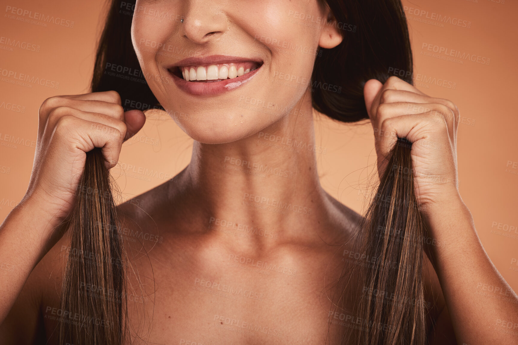 Buy stock photo Strong hair woman, studio closeup smile and cosmetic face beauty against orange background. Hair care health, happy cosmetic girl and healthy brunette happiness for wellness model with natural locks