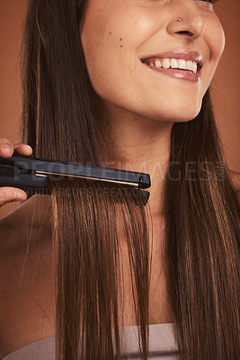 Buy stock photo Woman flat iron, closeup hair care and cosmetic beauty with smile against brown studio background. Hair health happiness, happy cosmetic girl and hairstyle for wellness with heat, fashion or styling