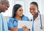 Happy women doctors, digital tablet or teamwork, planning or collaboration staff working online, technology ir support in hospital. Healthcare group consulting medical research on internet connection