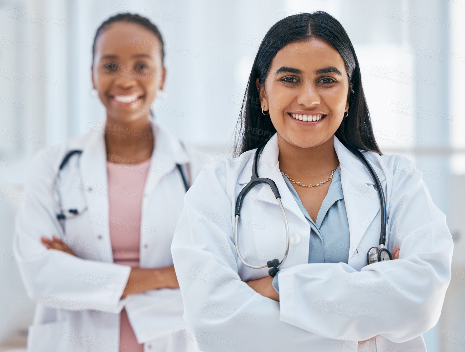 Buy stock photo Leadership, teamwork and women doctors in partnership at hospital, proud, happy and excited for medical innovation. Health, team and portrait with support, collaboration and trust in healthcare work