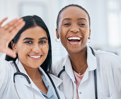 Nurse, doctor and doctor women happy in a hospital and wellness health clinic with a smile, Portrait of a female medical team selfie with diversity and happiness ready for healthcare work and nursing