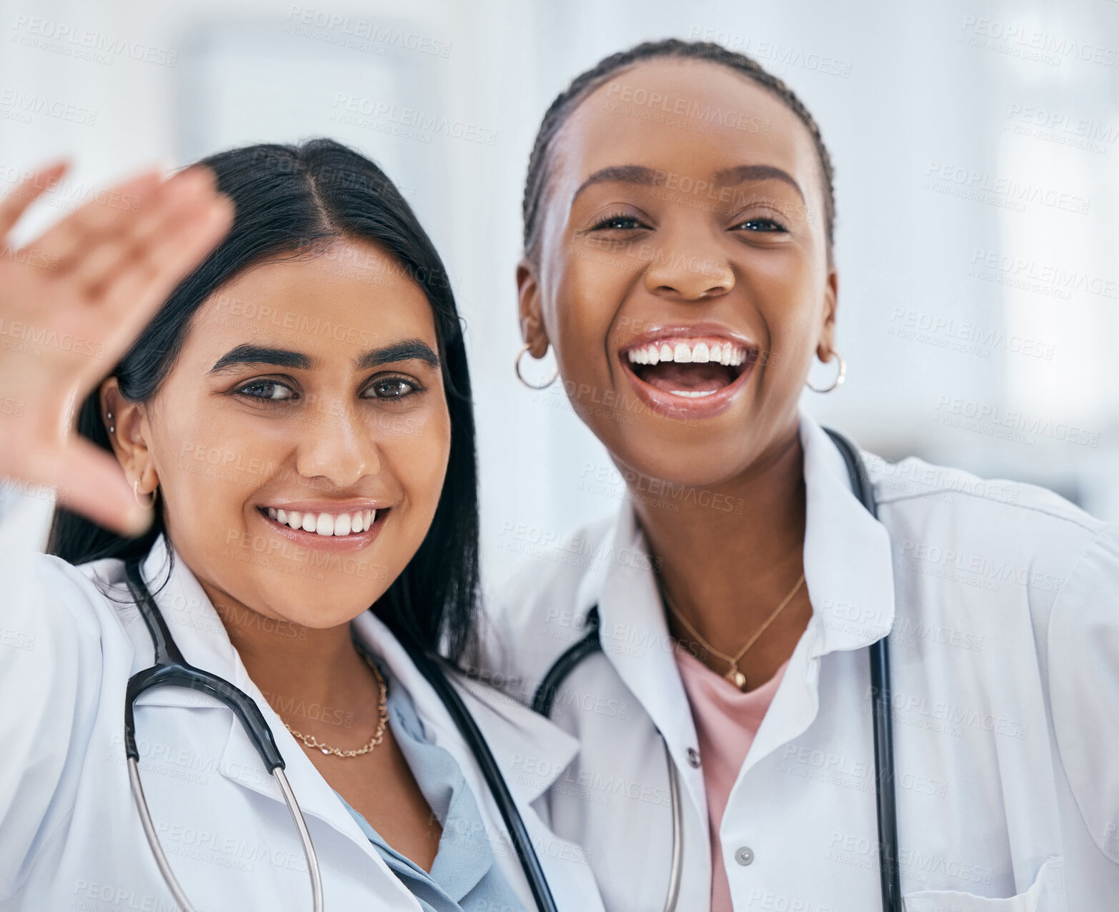 Buy stock photo Nurse, doctor and selfie of women happy in a hospital and wellness health clinic with a smile, Portrait of a female medical team with diversity and happiness ready for healthcare work and nursing