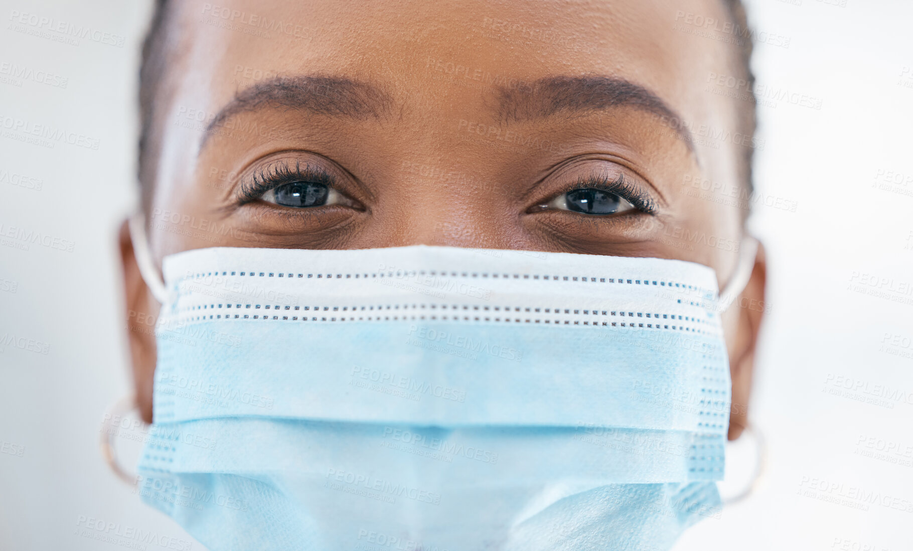 Buy stock photo Face portrait, covid and black woman in mask for lockdown, flu season or quarantine. Health, safety and young female in compliance to covid 19 or corona virus rules, regulations or policy closeup.