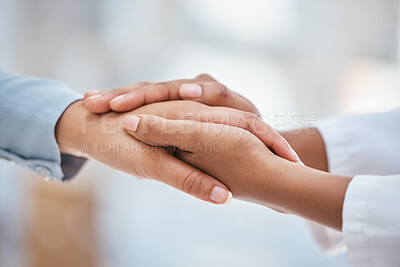 Buy stock photo Doctor, women or holding hands in support, trust or medical wellness in hospital with anxiety stress. Zoom, healthcare worker or patient in counseling therapy for cancer, mental health or depression