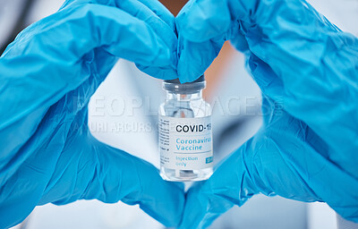 Buy stock photo Healthcare, covid vaccine and heart hands of doctor with surgical gloves in hospital or clinic. Healthcare, medical insurance and vaccination innovation, global safety in medicine against infection. 