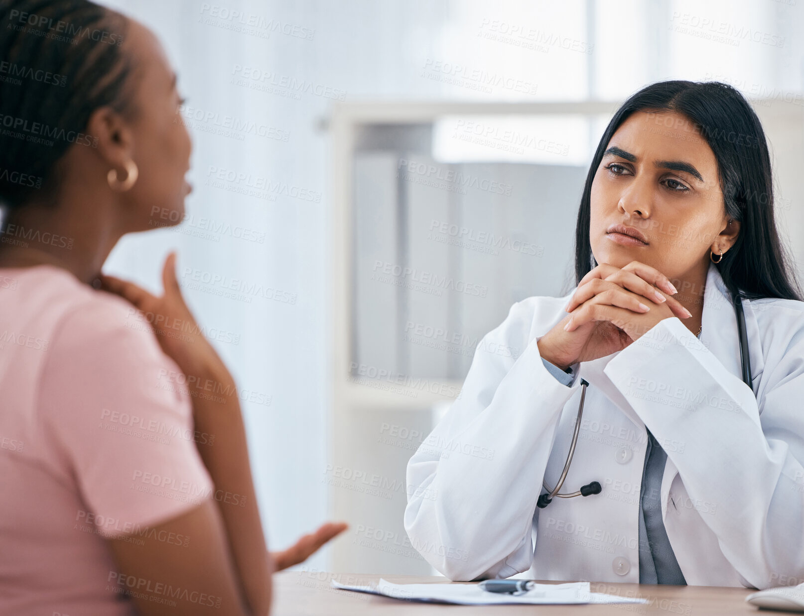 Buy stock photo Doctor, patient consultation and medical healthcare discussion with women at consulting clinic, hospital and community gp. Black woman, office and health care therapist listen during routine checkup 