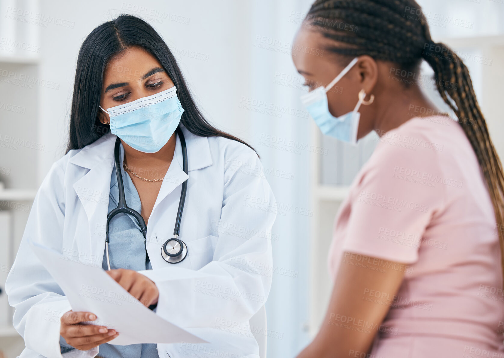 Buy stock photo Doctor, covid mask and woman patient medical results in a health consultation in a clinic office. Diversity of women in a hospital, nurse and healthcare appointment with coronavirus consulting check