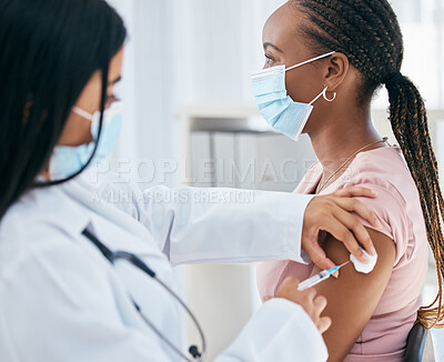 Doctor, covid mask and vaccine of a woman patient with medicine injection in a hospital or clinic. Healthcare, nurse and consulting medical worker busy with health help and nursing consultant work
