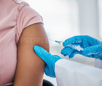 Buy stock photo Healthcare, arm and covid vaccine by doctor in consultation room, compliance and gloves closeup. Hospital, hand and injection on woman patient, needle and innovation in science, medical and medicine