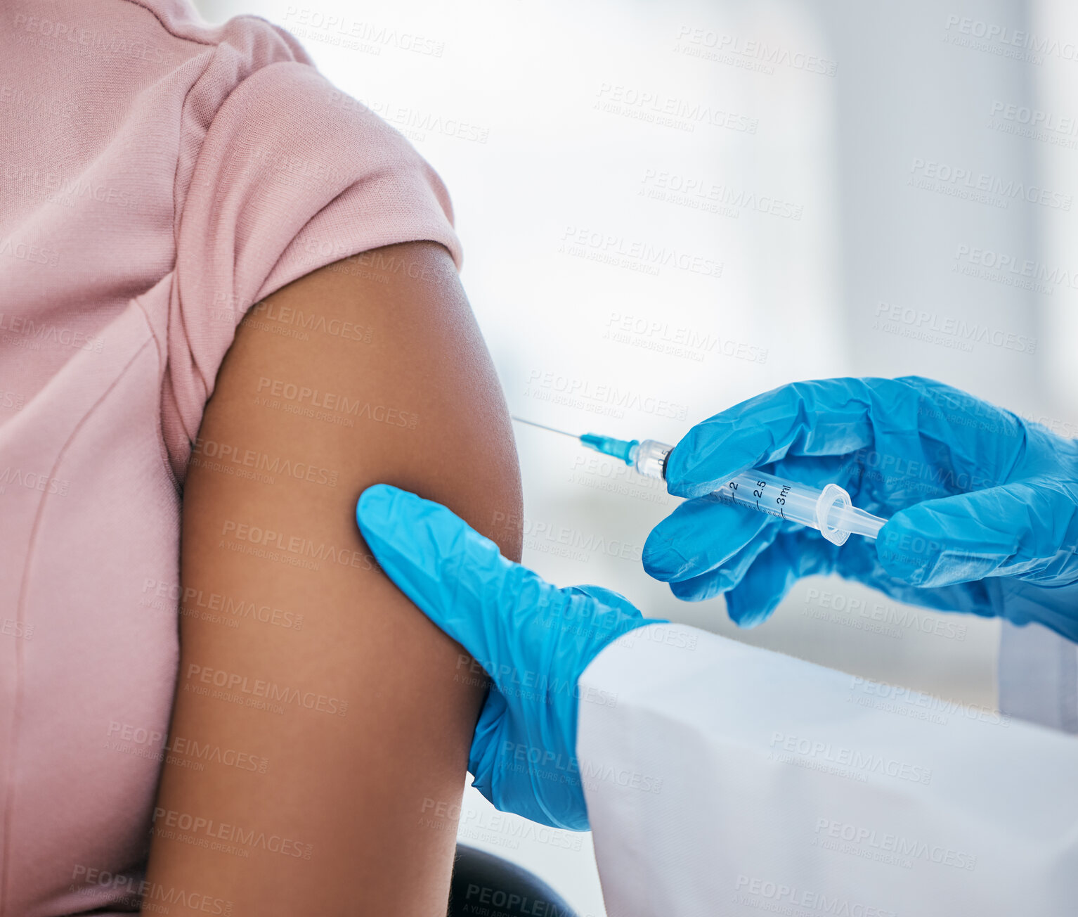 Buy stock photo Healthcare, arm and covid vaccine by doctor in consultation room, compliance and gloves closeup. Hospital, hand and injection on woman patient, needle and innovation in science, medical and medicine