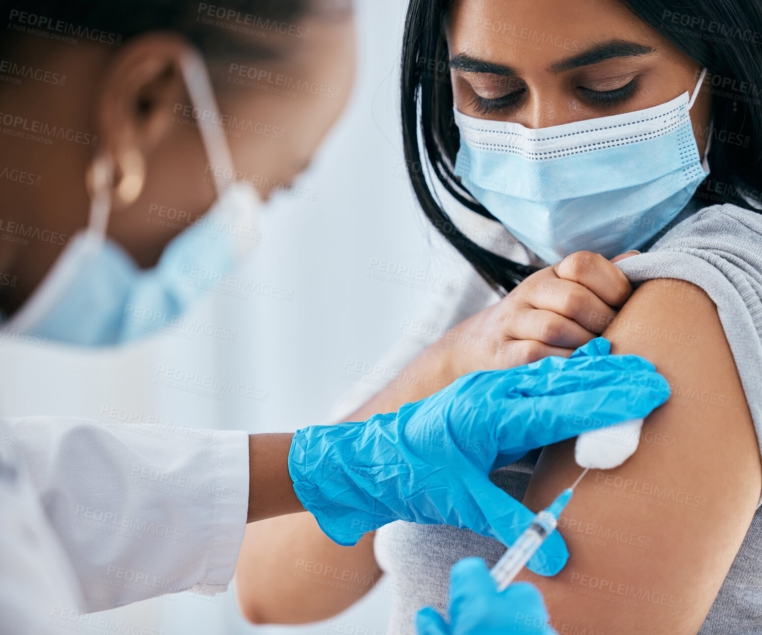 Buy stock photo Covid vaccine, cotton and doctor with patient for medical immunization, vaccination arm injection and hospital healthcare support. Covid 19 consultation, medicine expert and black woman giving shot