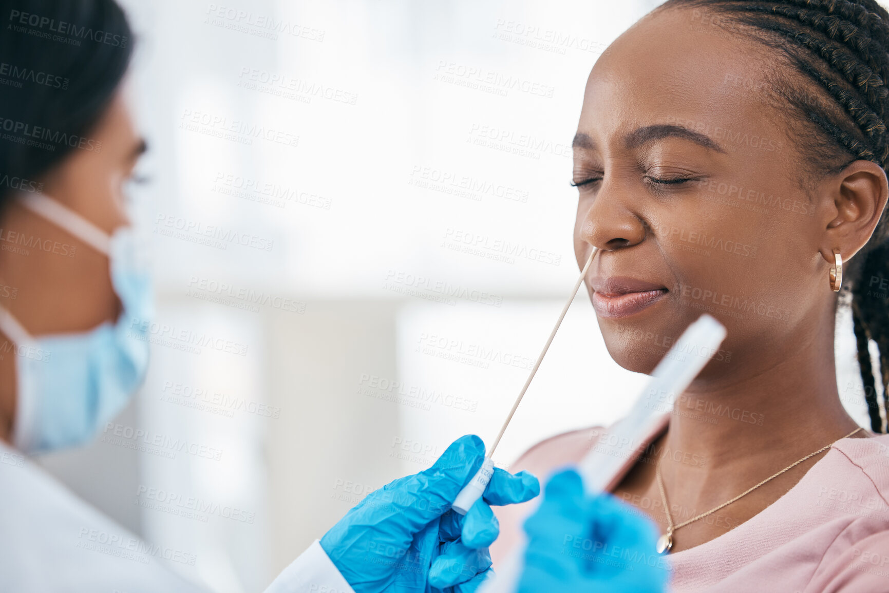 Buy stock photo Covid doctor, pcr nose swab and black woman check rapid antigen test in clinic, hospital and assessment service. Sick patient, healthcare and medical analysis of nasal dna for corona virus bacteria 