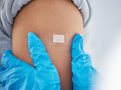 Buy stock photo Hands, plaster and arm in covid vaccine for injection, cure or  jab at doctor appointment by the hospital. Hand of healthcare GP applying bandage to patient for vaccination, immunization or booster