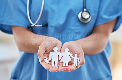 Buy stock photo Doctor hands, cutout paper family and medical healthcare for hospital help. Woman medic, cut out picture of mom dad and kids for health, wellness and protection support in community clinic