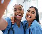 Healthcare, selfie and portrait of doctors working at a hospital, happy and smile while bonding and having fun. Face, friends and medical intern women relax, pose and embrace for picture at a clinic