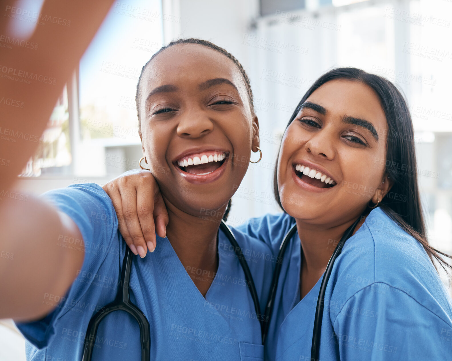 Buy stock photo Healthcare, selfie and portrait of doctors working at a hospital, happy and smile while bonding and having fun. Face, nurse and medical intern women friends, pose and embrace for picture at a clinic