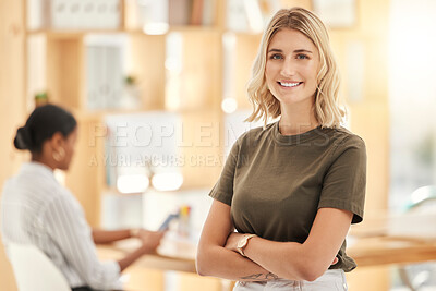 Buy stock photo Business woman, portrait smile and arms crossed for vision, leadership or management startup at office. Happy, confident and creative female employee manager in corporate success, career or mission